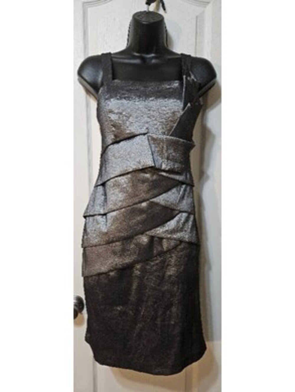 Dressbarn Metallic Cocktail Dress Size 8 Silver Black Holiday Glam